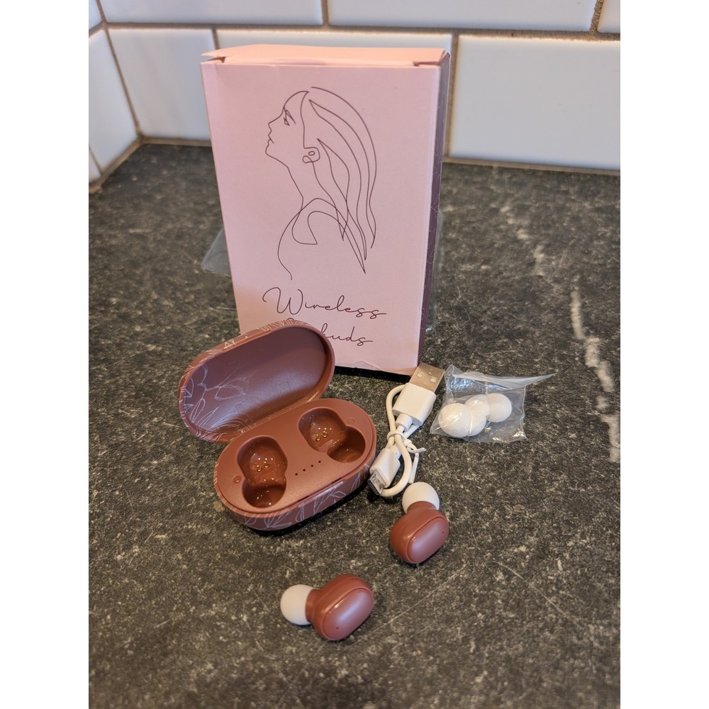 Wireless Earbuds Bluetooth Headphones Mauve Botanical Leaf Pattern with Case NEW